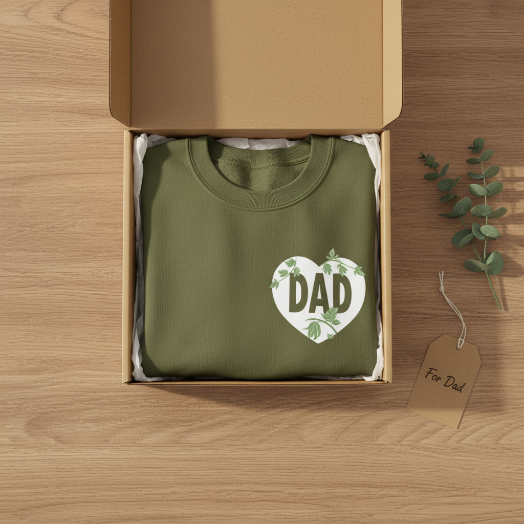 Sweatshirt, green crewneck with DAD heart logo in open gift box