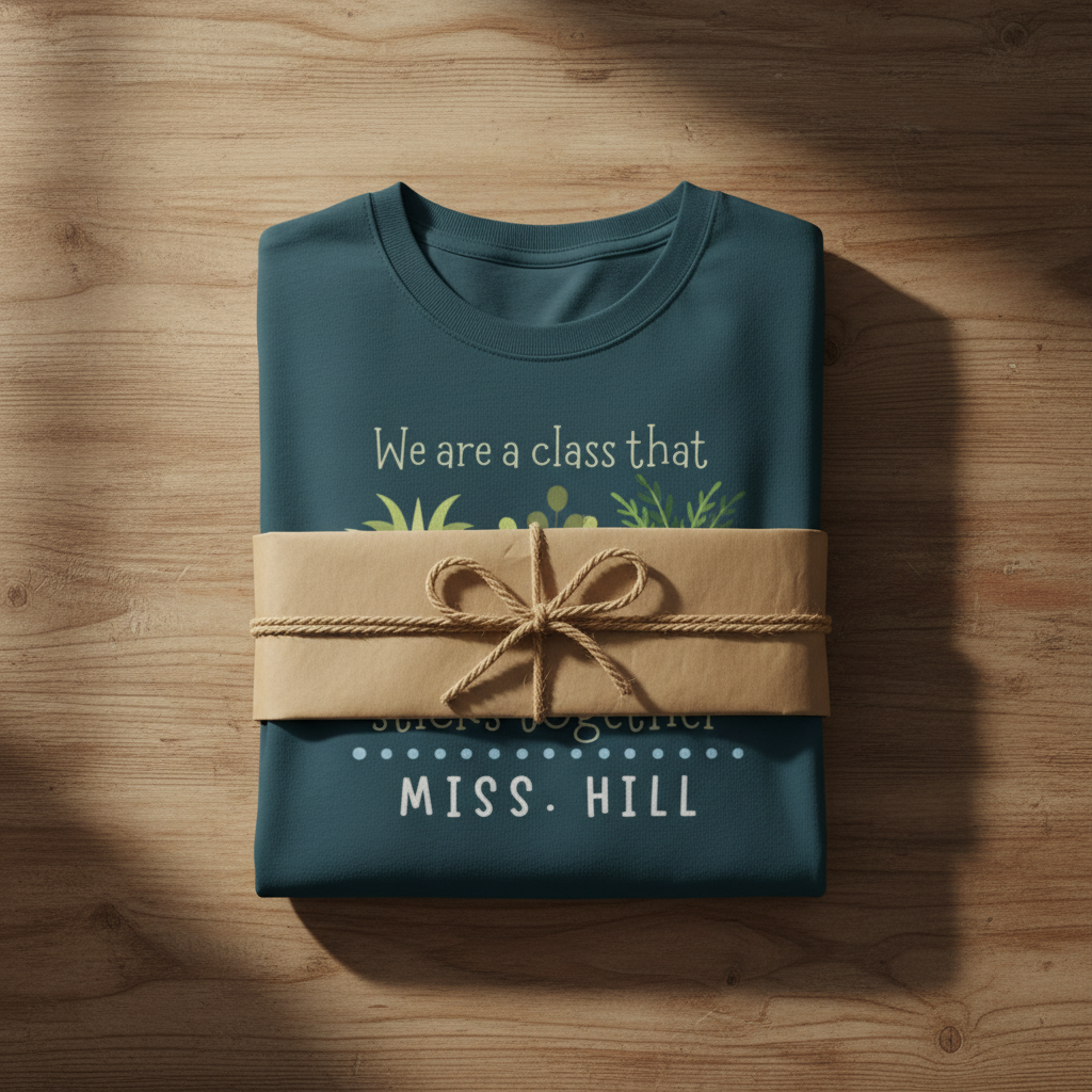 Teal crewneck T-shirt with cartoon classroom icons and 'sticks together' text, MISS. HILL.