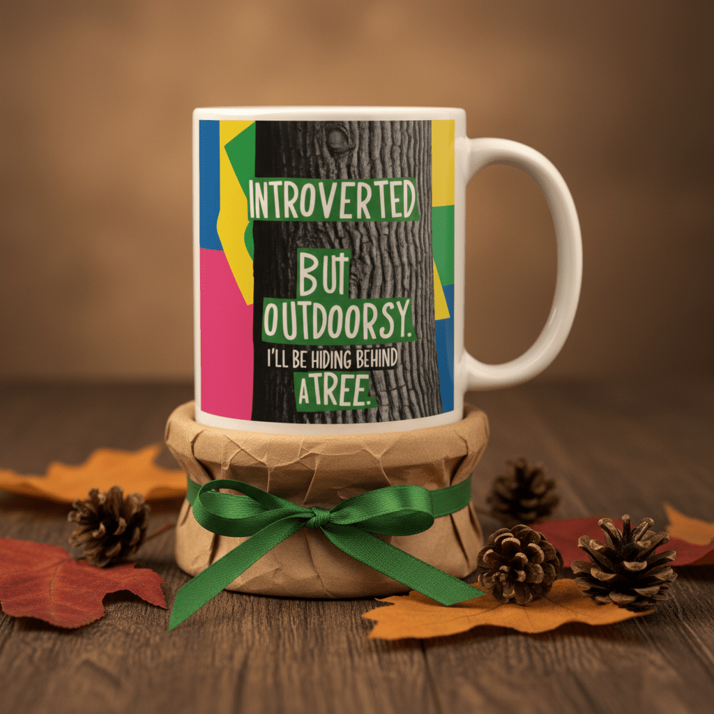 White ceramic mug on a wrapped gift base, with green “Introverted but Outdoorsy” print.