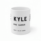 Personalised gamer mug with KYLE, PRO GAMER and EST 14.07.2000