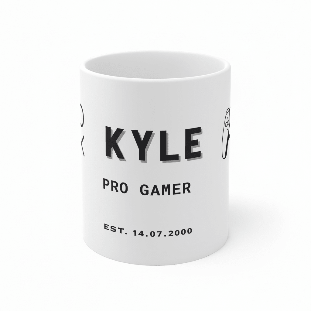 Personalised gamer mug with KYLE, PRO GAMER and EST 14.07.2000
