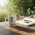 White personalized name mug with black floral design and “Laura”