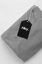 Charcoal crewneck sweatshirt with ribbed collar and cuffs, hanging black tag
