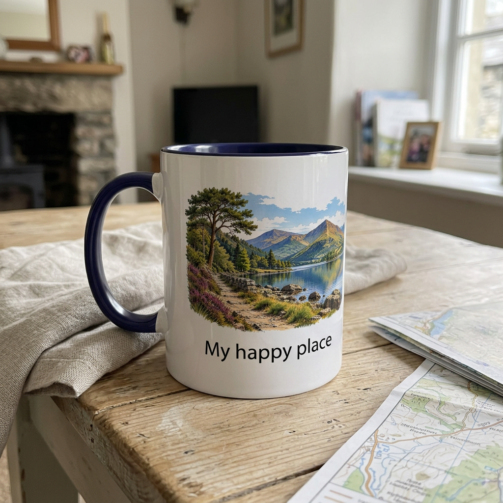 Lake view mug mockup with “My happy place” personalisation