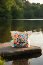 White canvas tote bag with 'good vibes' retro graphic sitting on a lakeside log