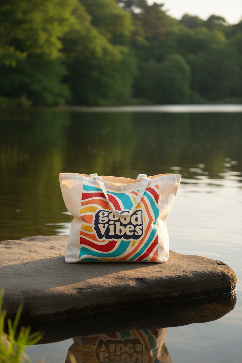 White canvas tote bag with 'good vibes' retro graphic sitting on a lakeside log