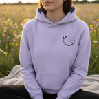 Lavender unisex yoga hoodie with hood, drawstrings, kangaroo pocket, chest emblem