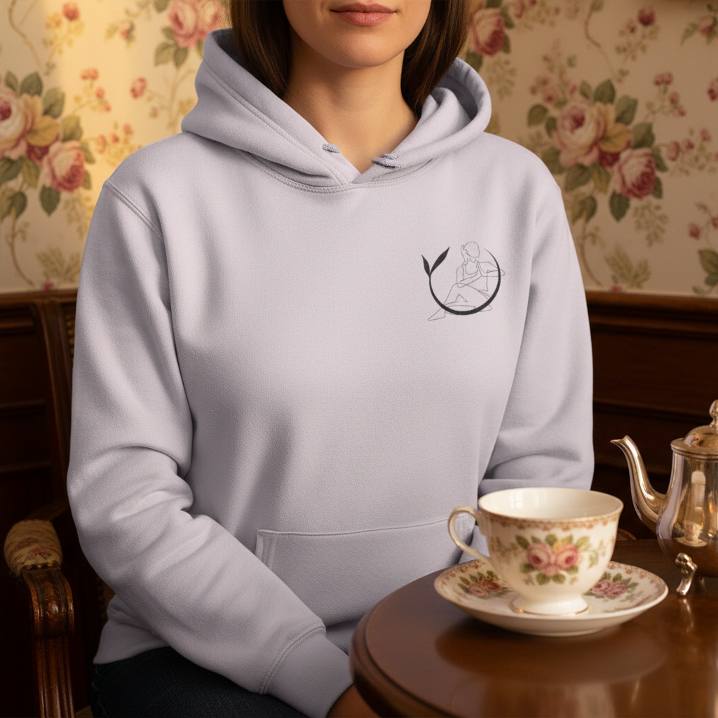 Light lavender unisex yoga hoodie with hood, drawstrings, kangaroo pocket, chest logo