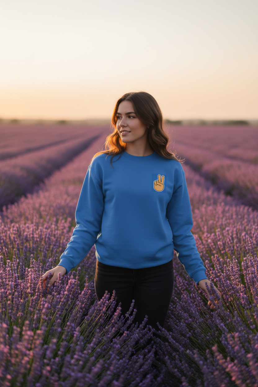 Royal blue crewneck sweatshirt with peace sign hand embroidery