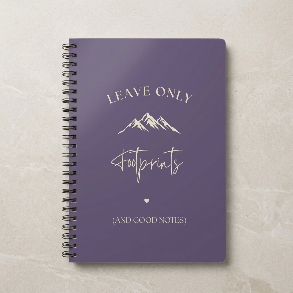 A5 hiking notebook, purple cover with mountain and footprint lettering