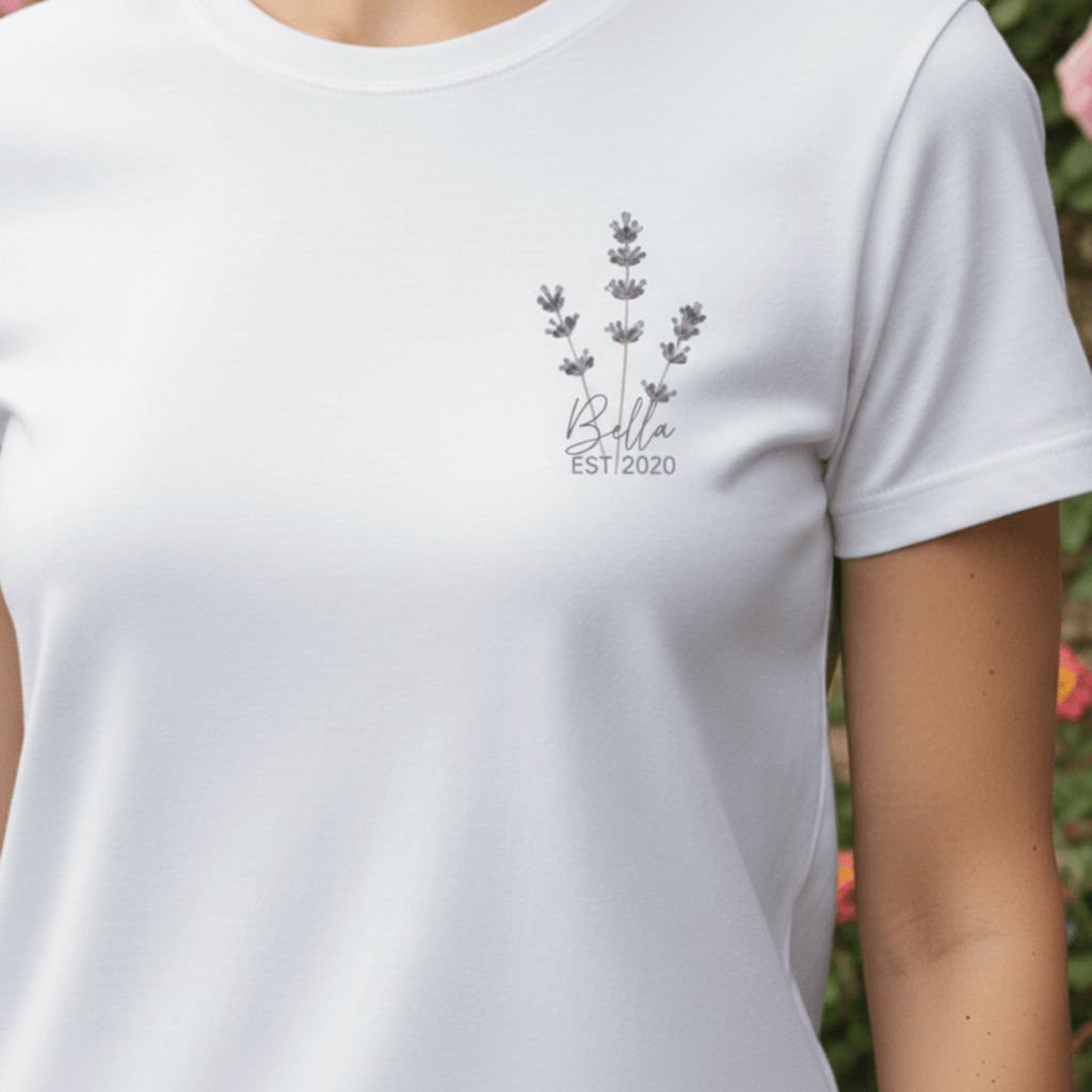 White t-shirt with lavender sprig graphic and “Bella” with EST/2020