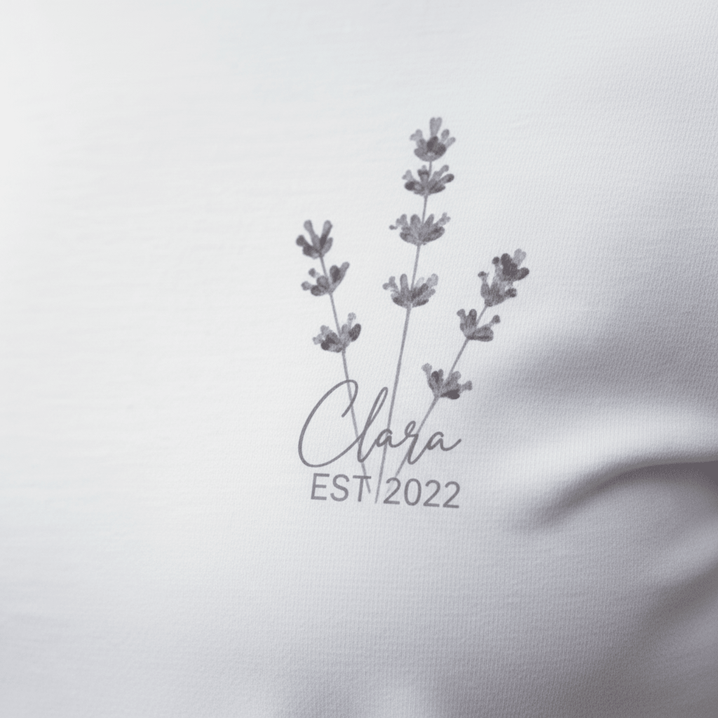 White t-shirt with lavender sprig graphic and “Chara” with EST/2022