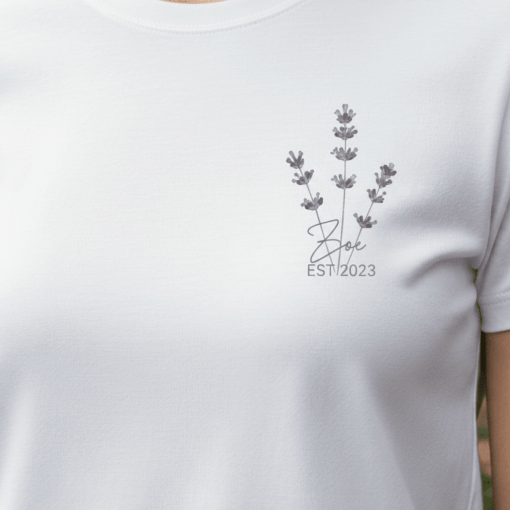 White t-shirt with lavender sprig graphic and “Zoe” with EST/2023