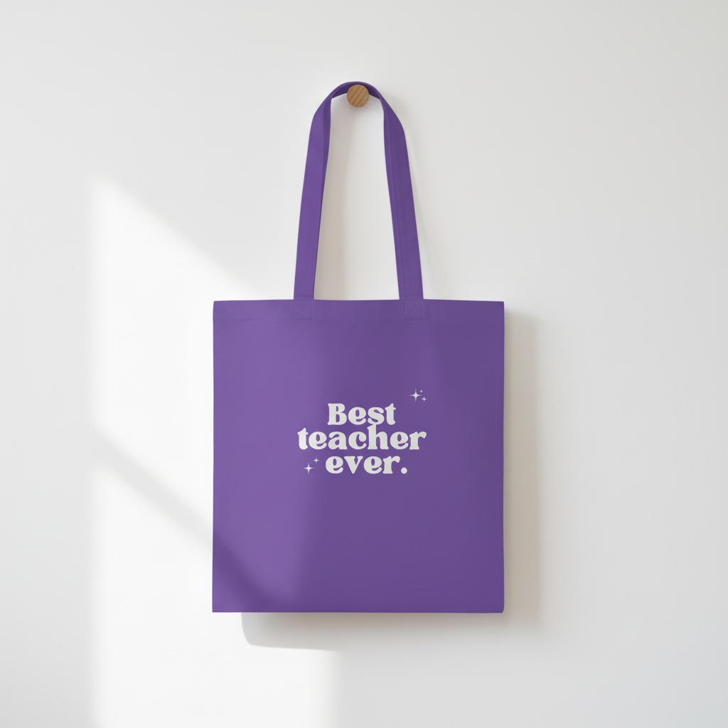 Lavender teacher tote on wall