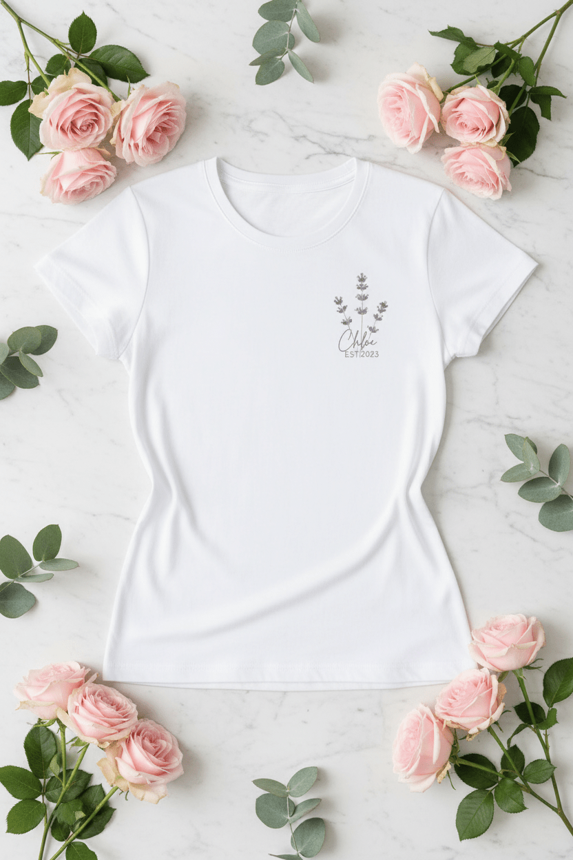 White t-shirt with lavender sprig design and custom name and year printed on chest