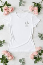 White t-shirt with lavender sprig design and custom name and year printed on chest