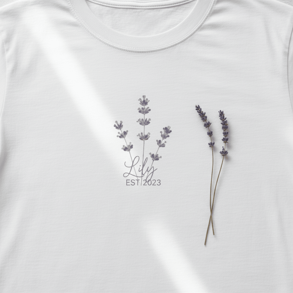 Close-up of white t-shirt: lavender sprig embroidery with custom name and year