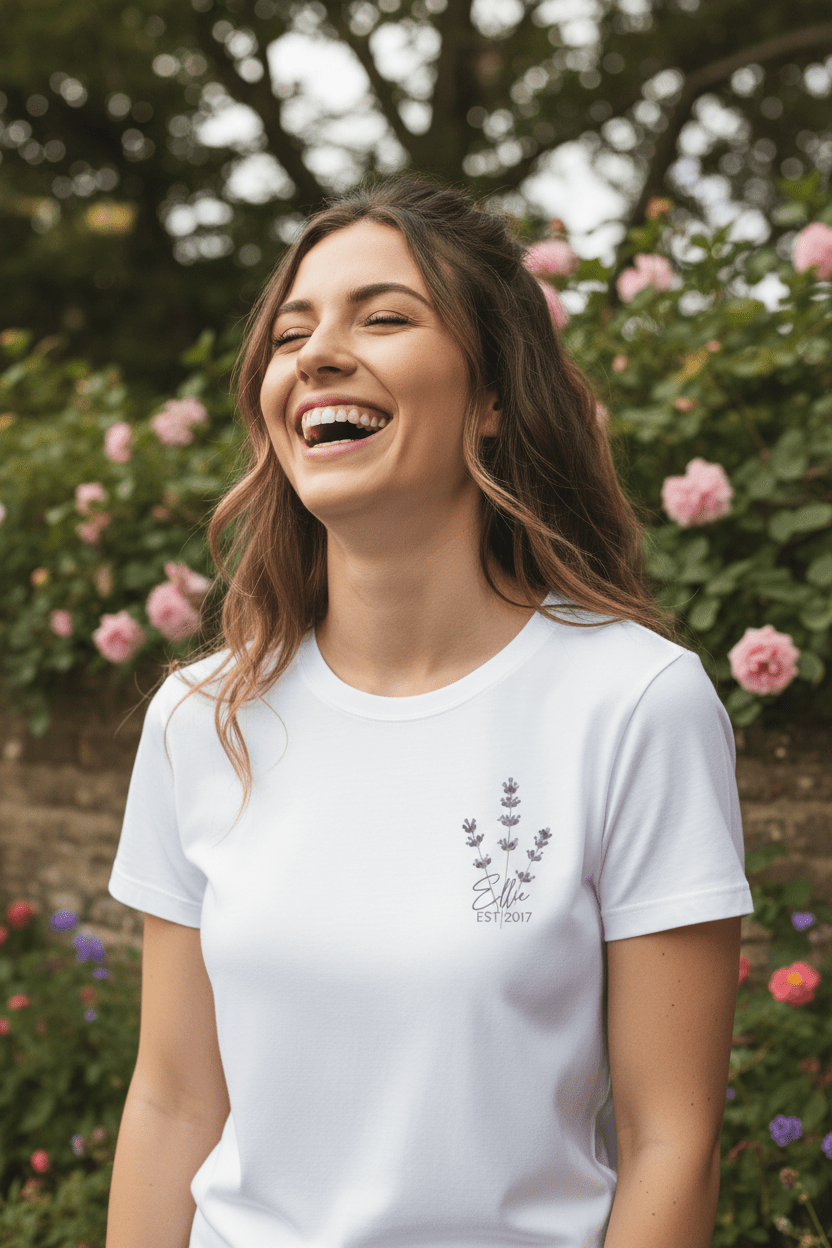 White personalized t-shirt featuring a lavender sprig and custom name with year