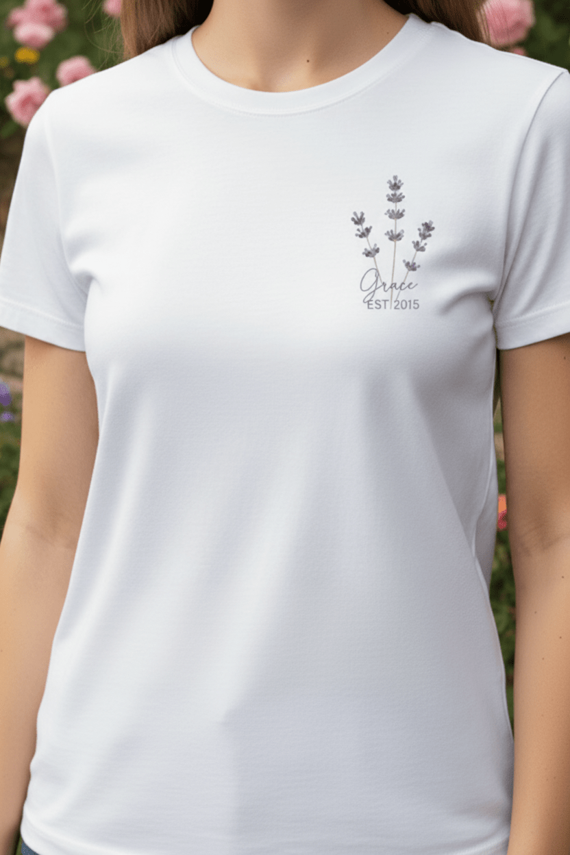 White women’s t-shirt with lavender sprig graphic and custom name and year text