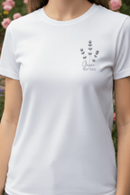 White women’s t-shirt with lavender sprig graphic and custom name and year text