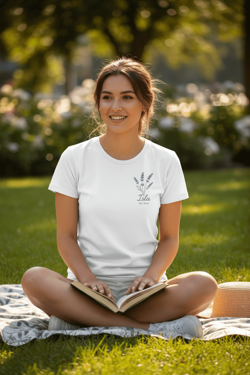 White personalized t-shirt with lavender sprig design and custom name and year