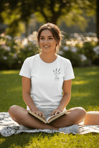 White personalized t-shirt with lavender sprig design and custom name and year