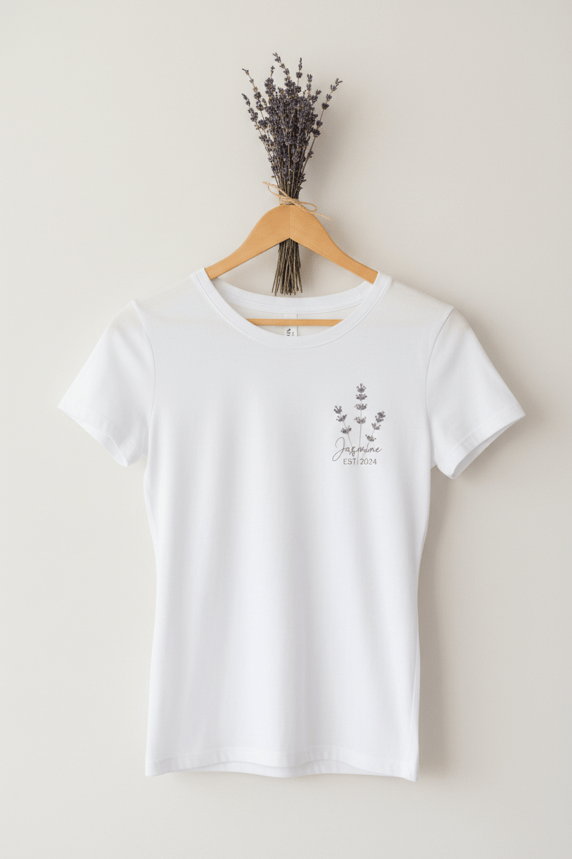 White lavender sprig t-shirt hanging with custom name and year print