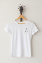 White lavender sprig t-shirt hanging with custom name and year print