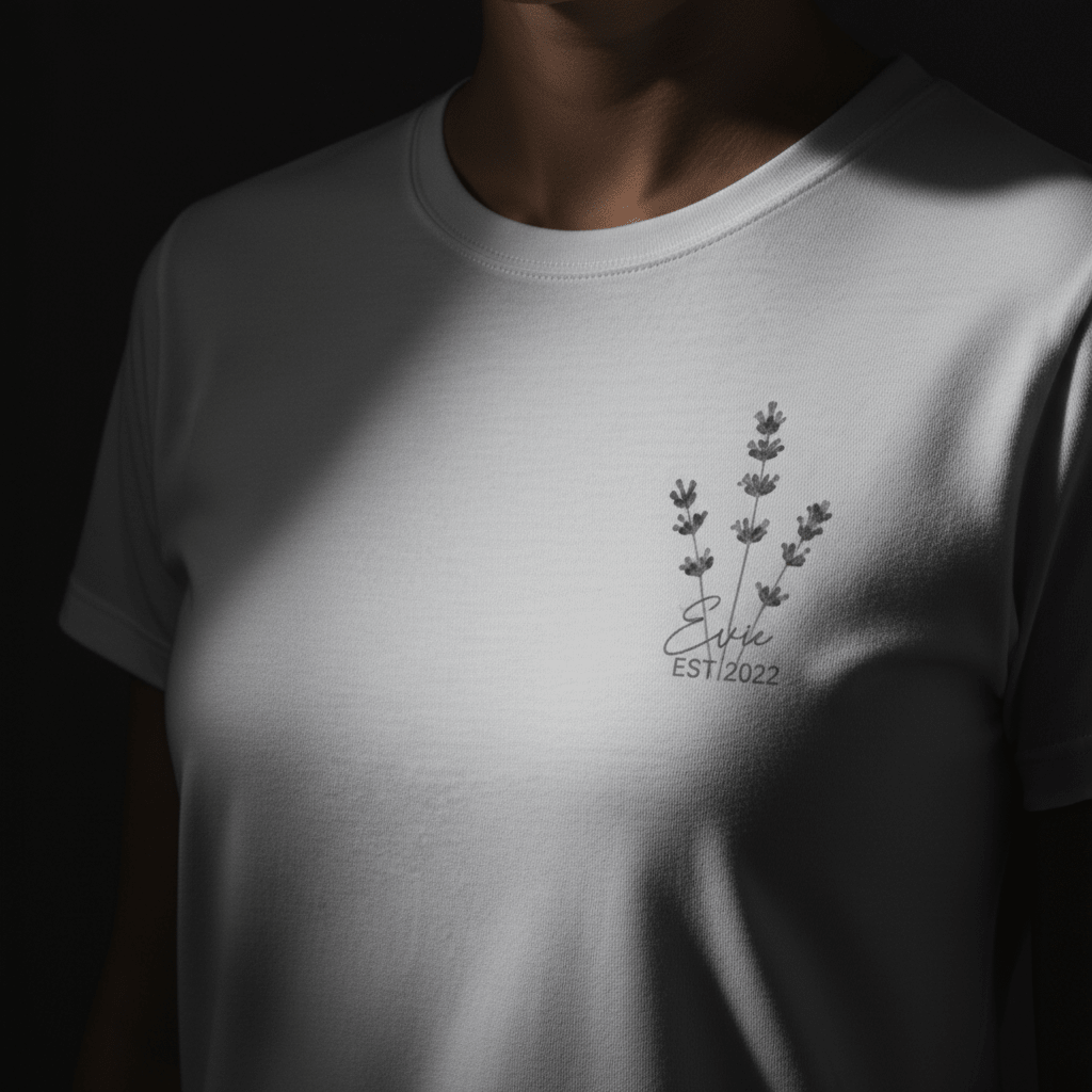 White t-shirt with lavender sprig graphic and “Eve” with EST/2022