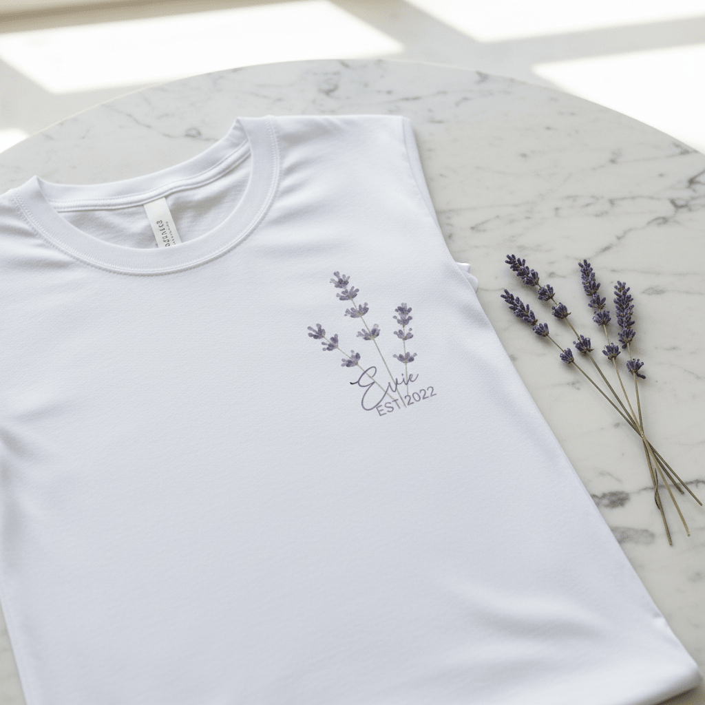 White t-shirt laid flat with lavender sprig print and custom name and year