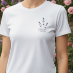 White personalized t-shirt with lavender sprig graphic and custom name with year