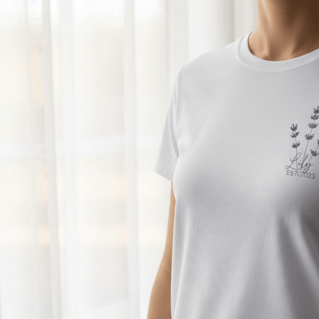 White t-shirt with lavender sprig graphic and custom name and year on chest