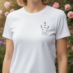 White women’s t-shirt with lavender sprig design and custom name with year on chest