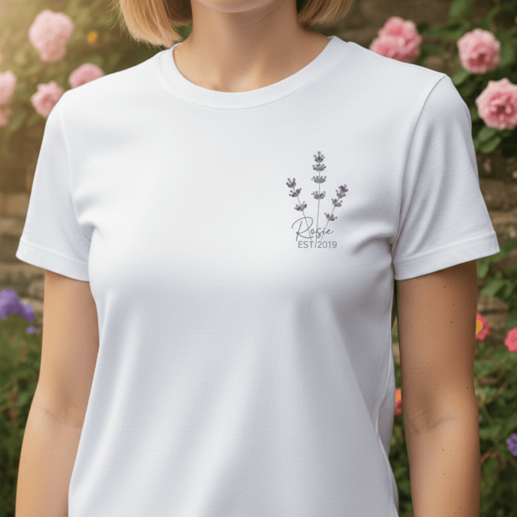 White women’s t-shirt with lavender sprig design and custom name with year on chest
