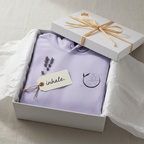 Lavender unisex yoga hoodie with hood and drawstrings, in gift box with label