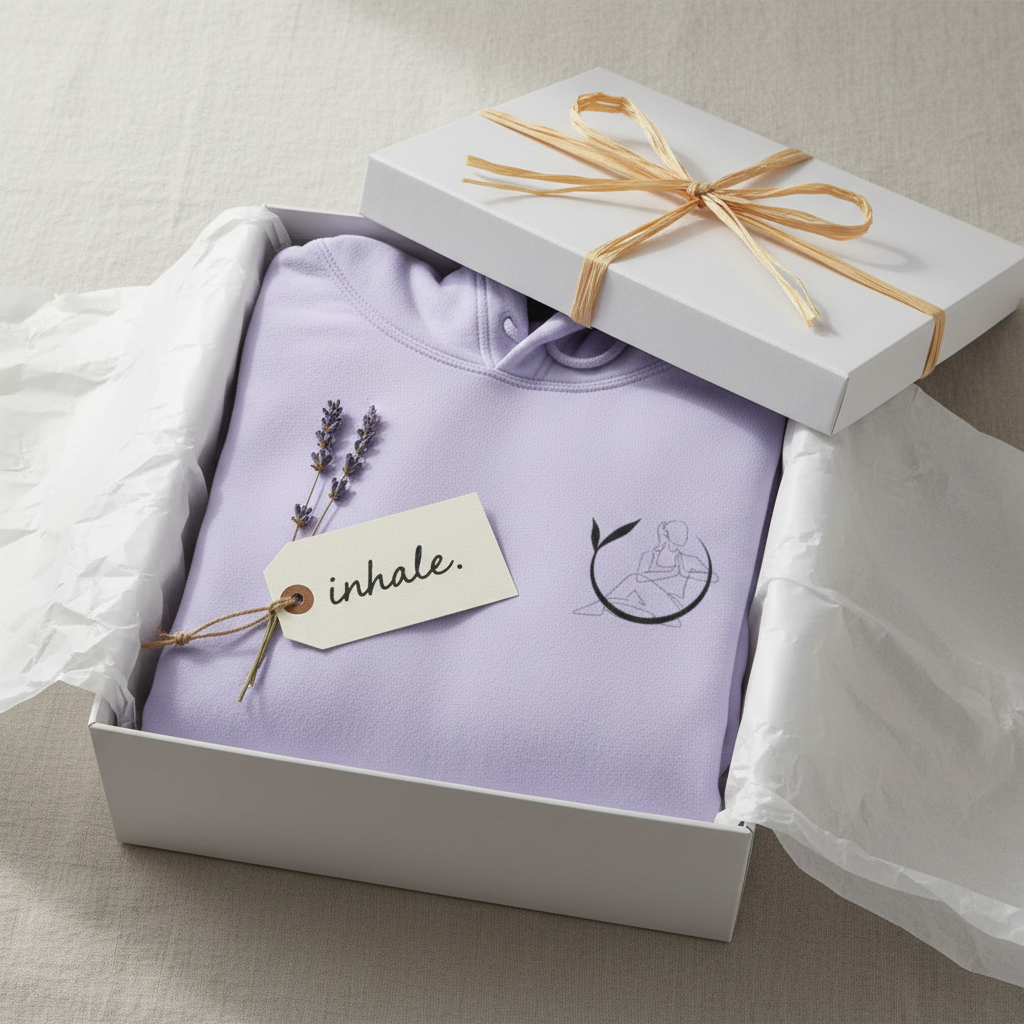 Lavender unisex yoga hoodie with hood and drawstrings, in gift box with label