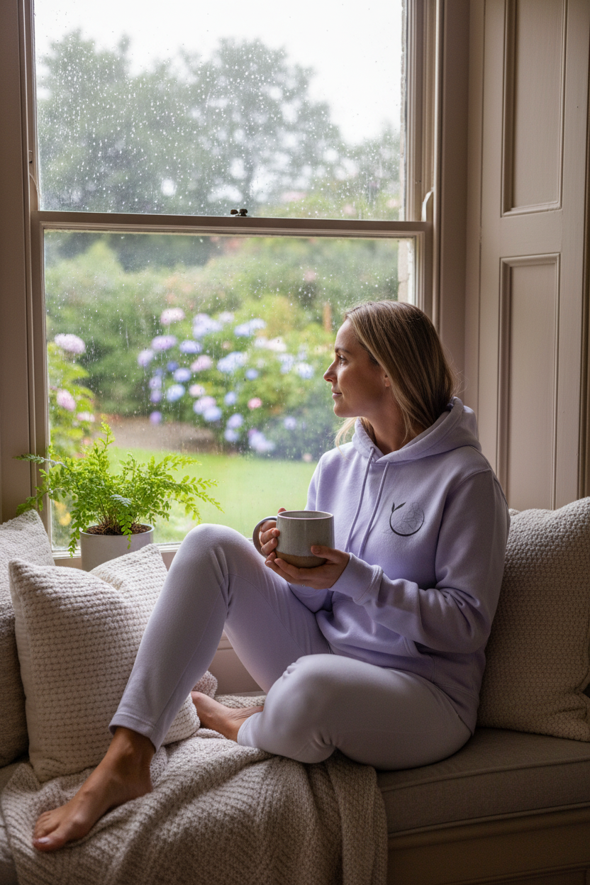 Lavender unisex yoga hoodie with hood, drawstrings, kangaroo pocket, chest logo