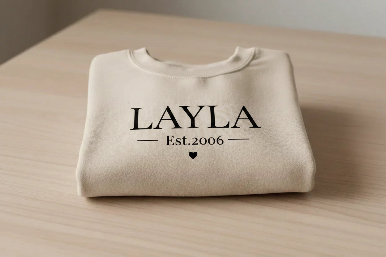 Cream crewneck sweatshirt with LAYLA and Est.2006 print