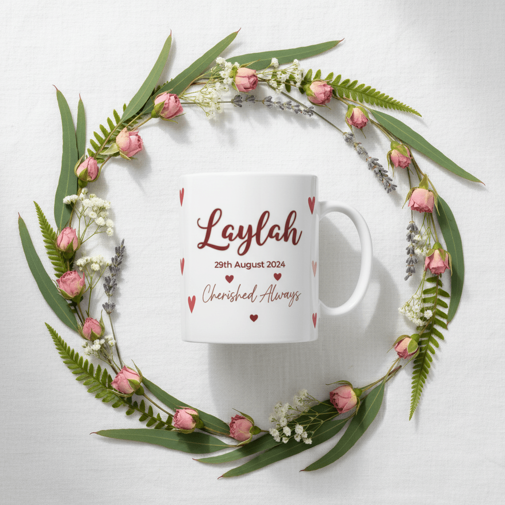 White ceramic mug with red 'Laylah', date '29th August 2024', and heart accents.