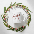 White ceramic mug with red 'Laylah', date '29th August 2024', and heart accents.