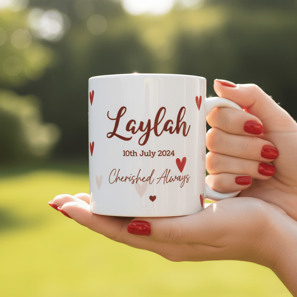 White ceramic mug in hand with red 'Laylah' and date '10th July 2024' hearts.