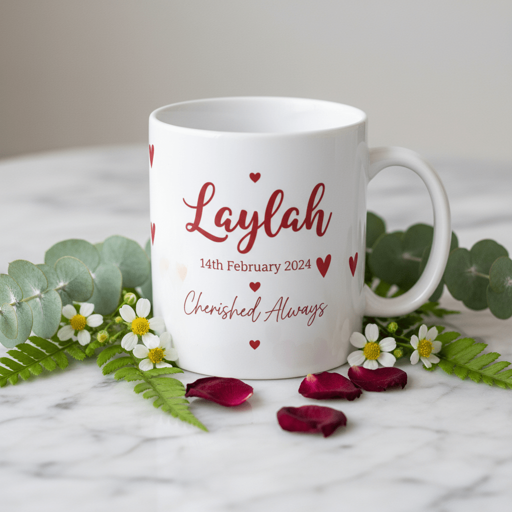 White ceramic mug with red 'Laylah', date '14th February 2024', and heart accents.