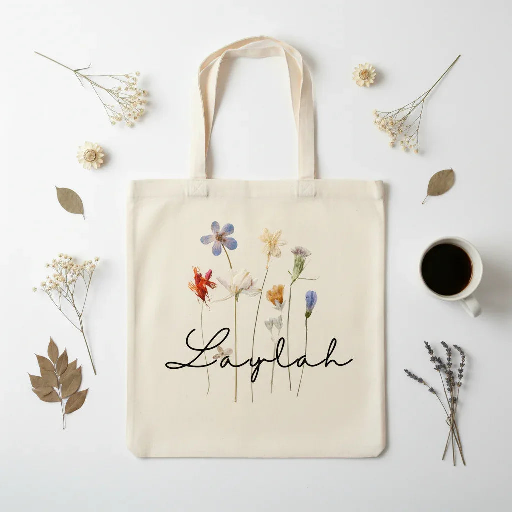 Personalised cotton tote bag, light cream with wildflower print and name Laylah