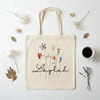 Personalised cotton tote bag, light cream with wildflower print and name Laylah