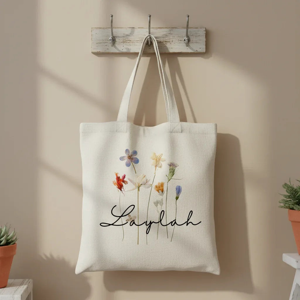 White cotton tote bag with dried wildflower illustration and name "Laylah".