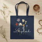 Personalised cotton tote bag, navy blue with wildflower print and name Laylah