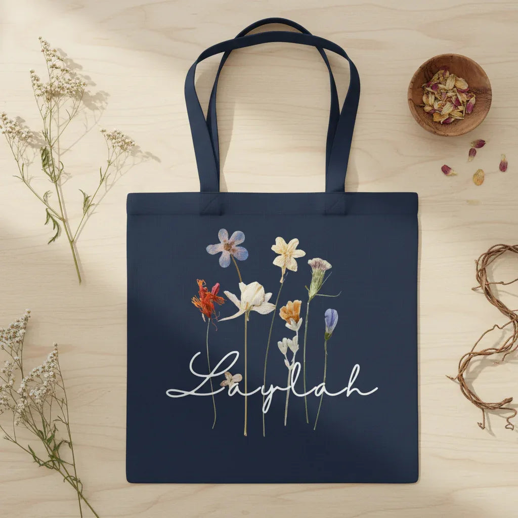 Personalised cotton tote bag, navy blue with wildflower print and name Laylah