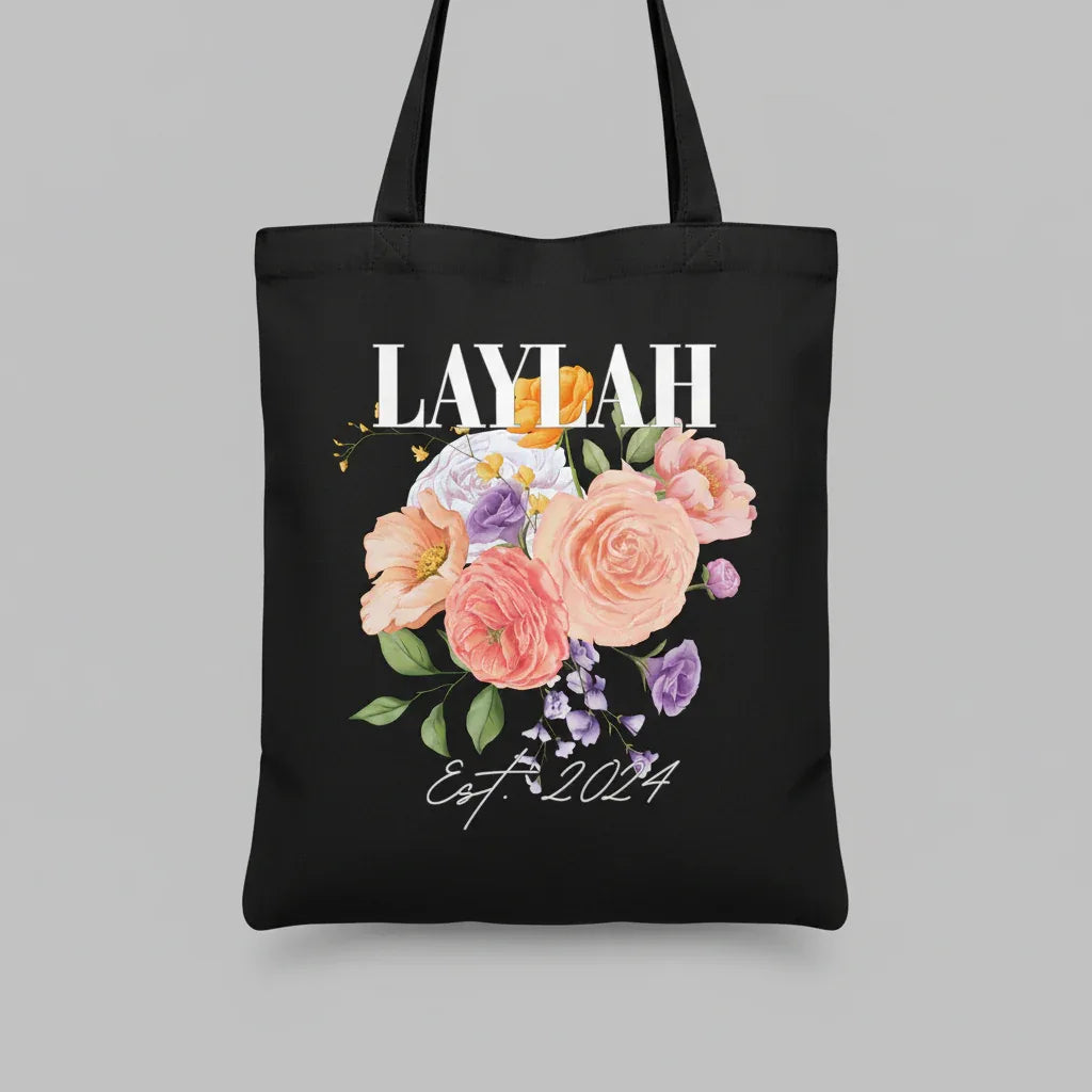 Personalised Floral Tote Bag | Custom Name, Text & Date | Choose Rose Colours | Eco Gift - Alley Crafters