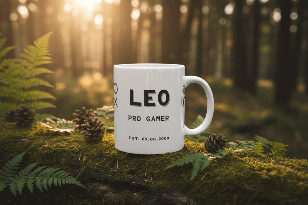 White personalised gamer mug with 'LEO' text, 'PRO GAMER' and 'Est.' date