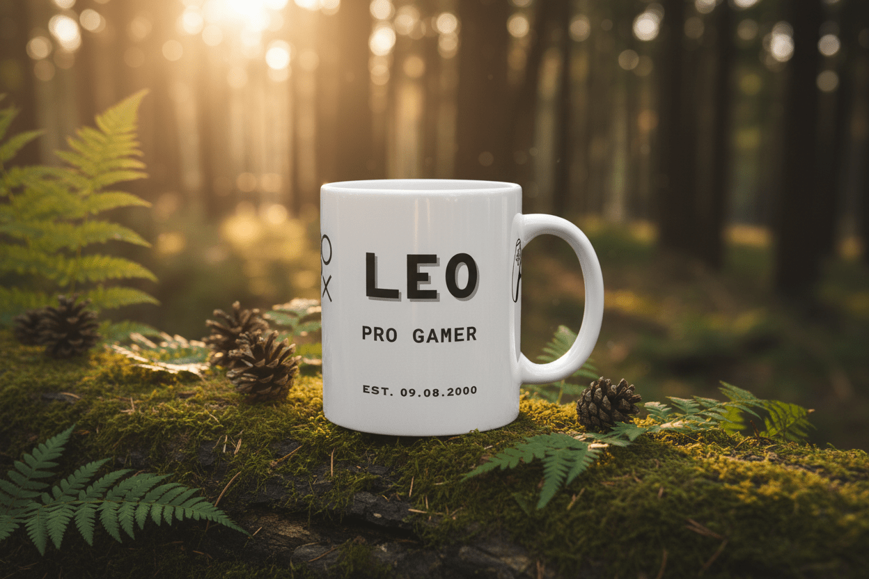 White personalised gamer mug with 'LEO' text, 'PRO GAMER' and 'Est.' date
